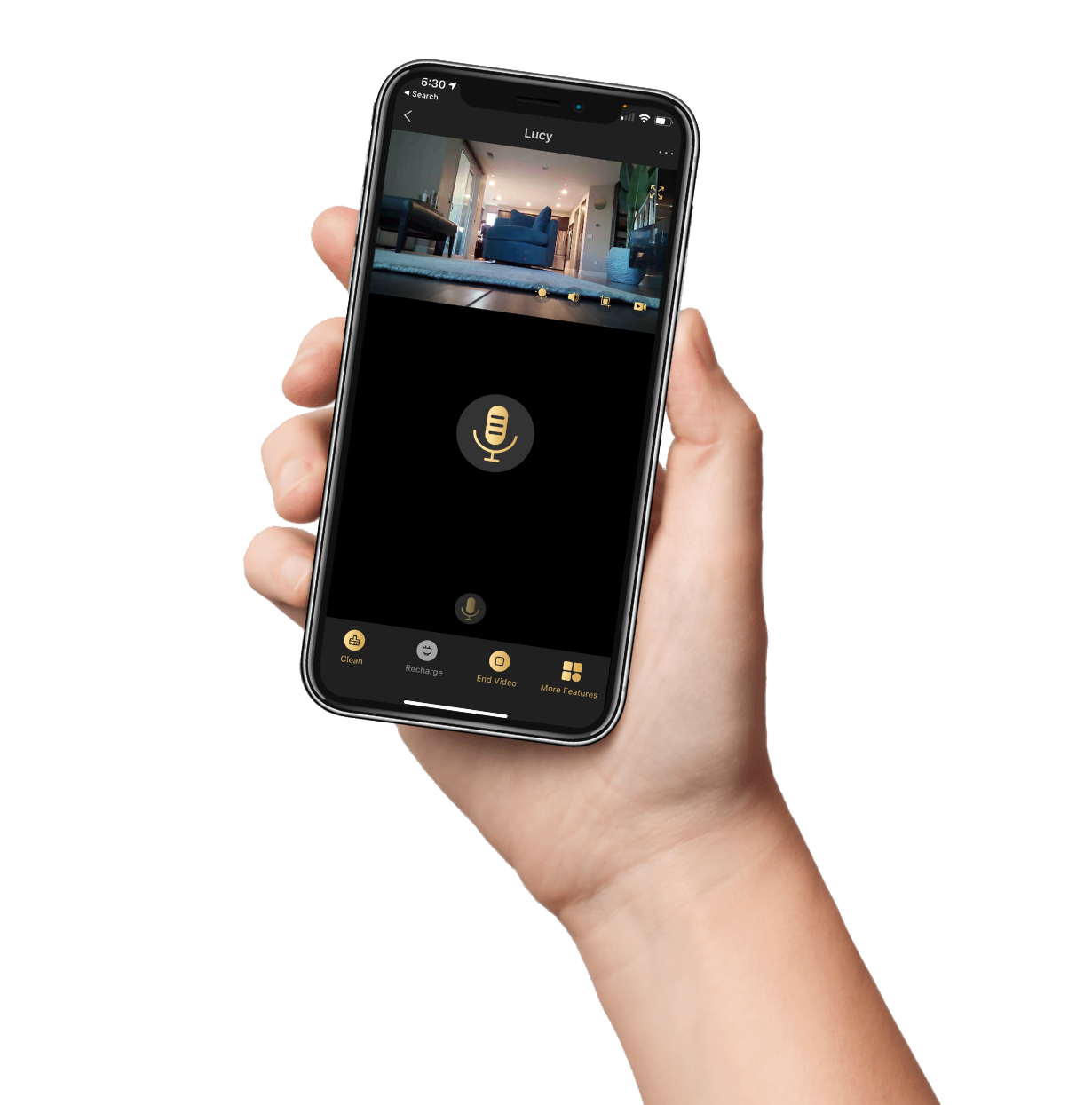 main tenant un téléphone avec l’application trifo qui montre lucy