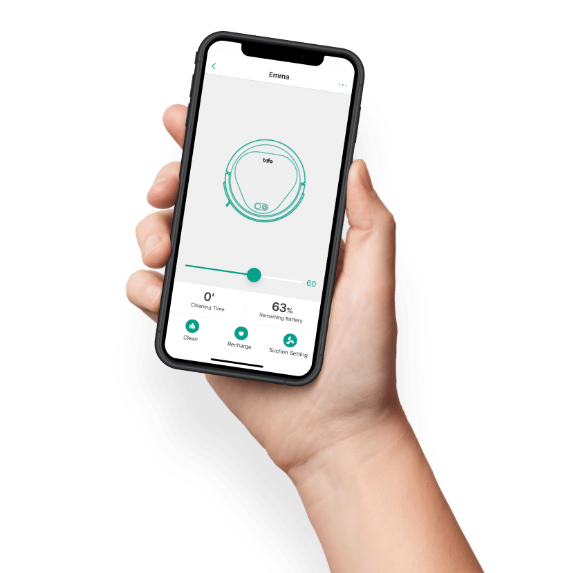 hand holding a phone with trifo app showing emma