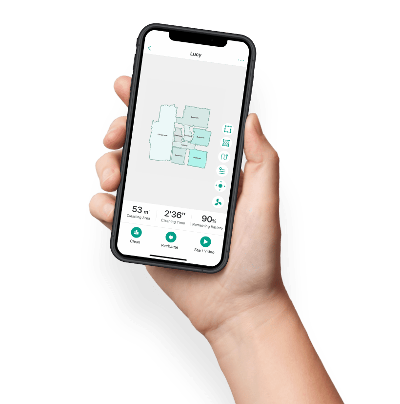 hånd som holder en telefon med trifo-appen som viser Lucy