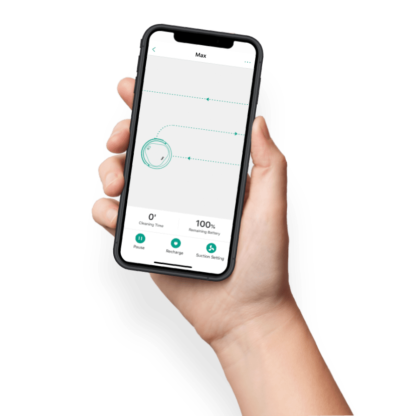 hand holding a phone with trifo app showing max with one-tap cleaning
